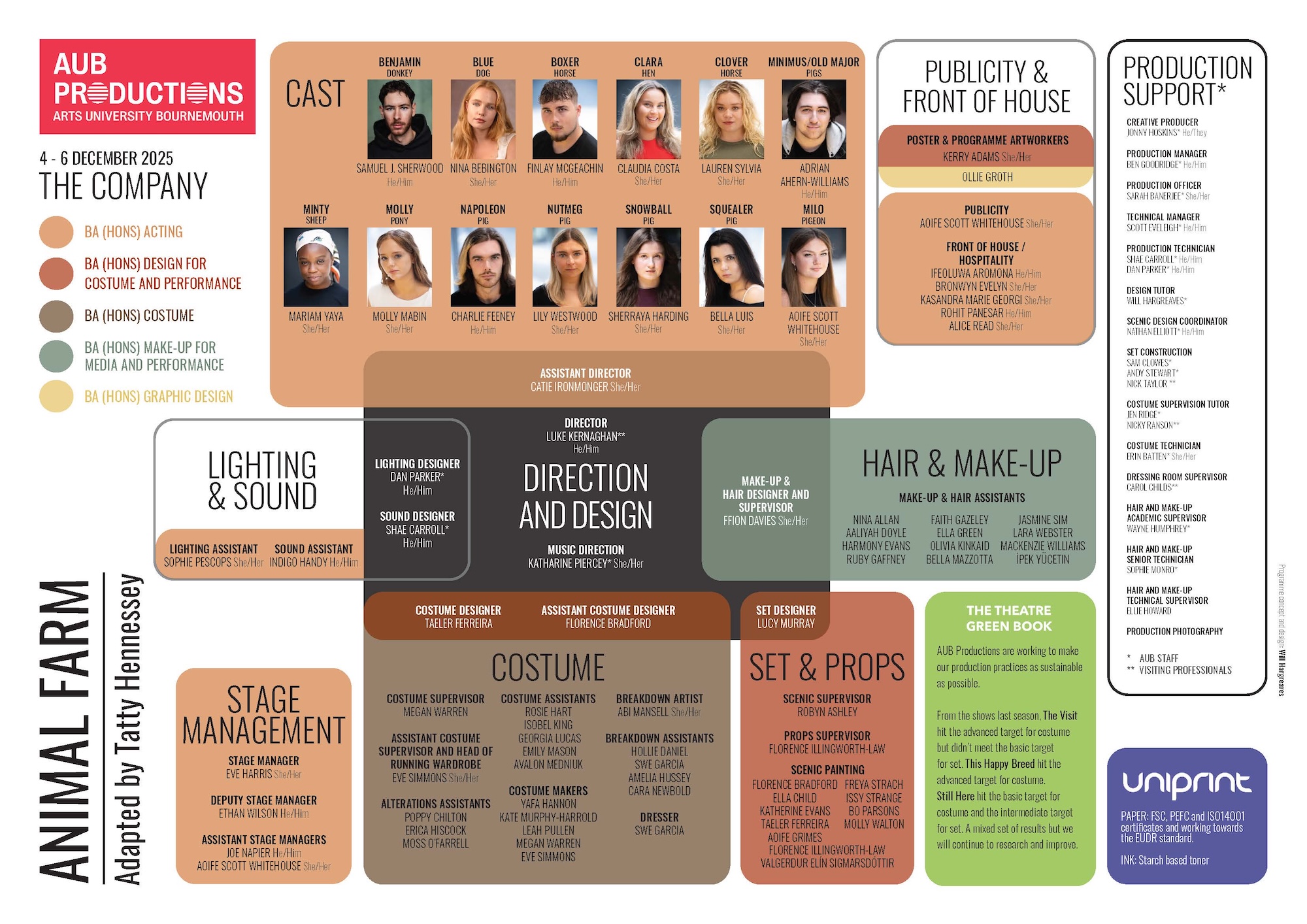 A printed programme for a theatrical production of 'Animal Farm' adapted by Tatty Hennessy, featuring sections for the cast, company details, and production support. It includes roles in lighting, sound, direction, design, costume, and set props.