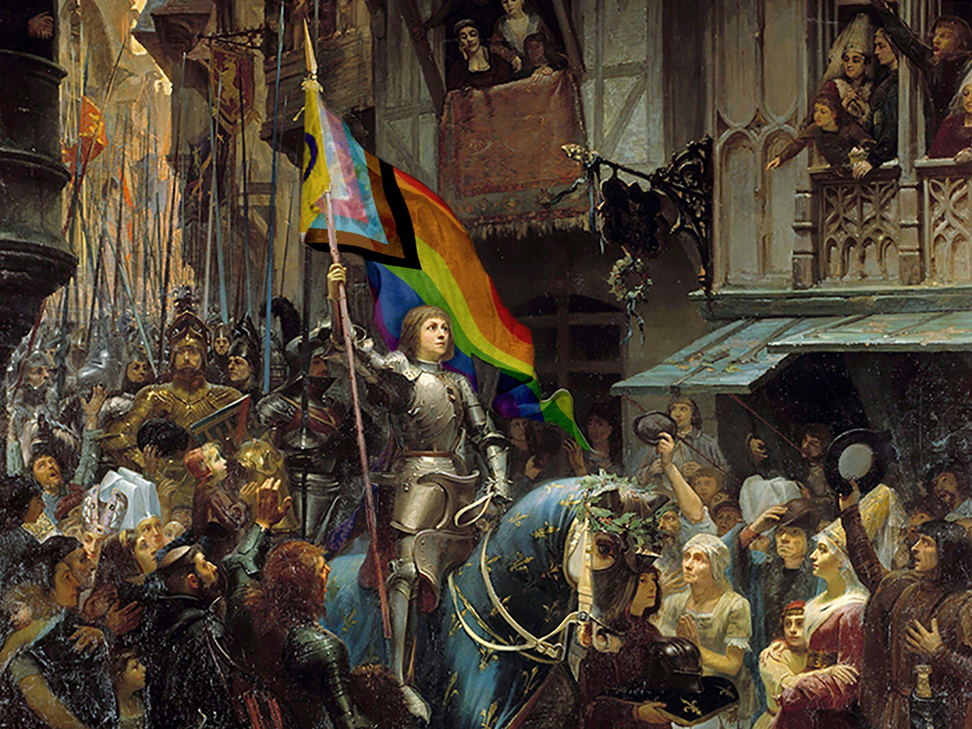 Renaissance-style painting showing Joan of Arc riding a horse through a town street, holding up the Pride flag.