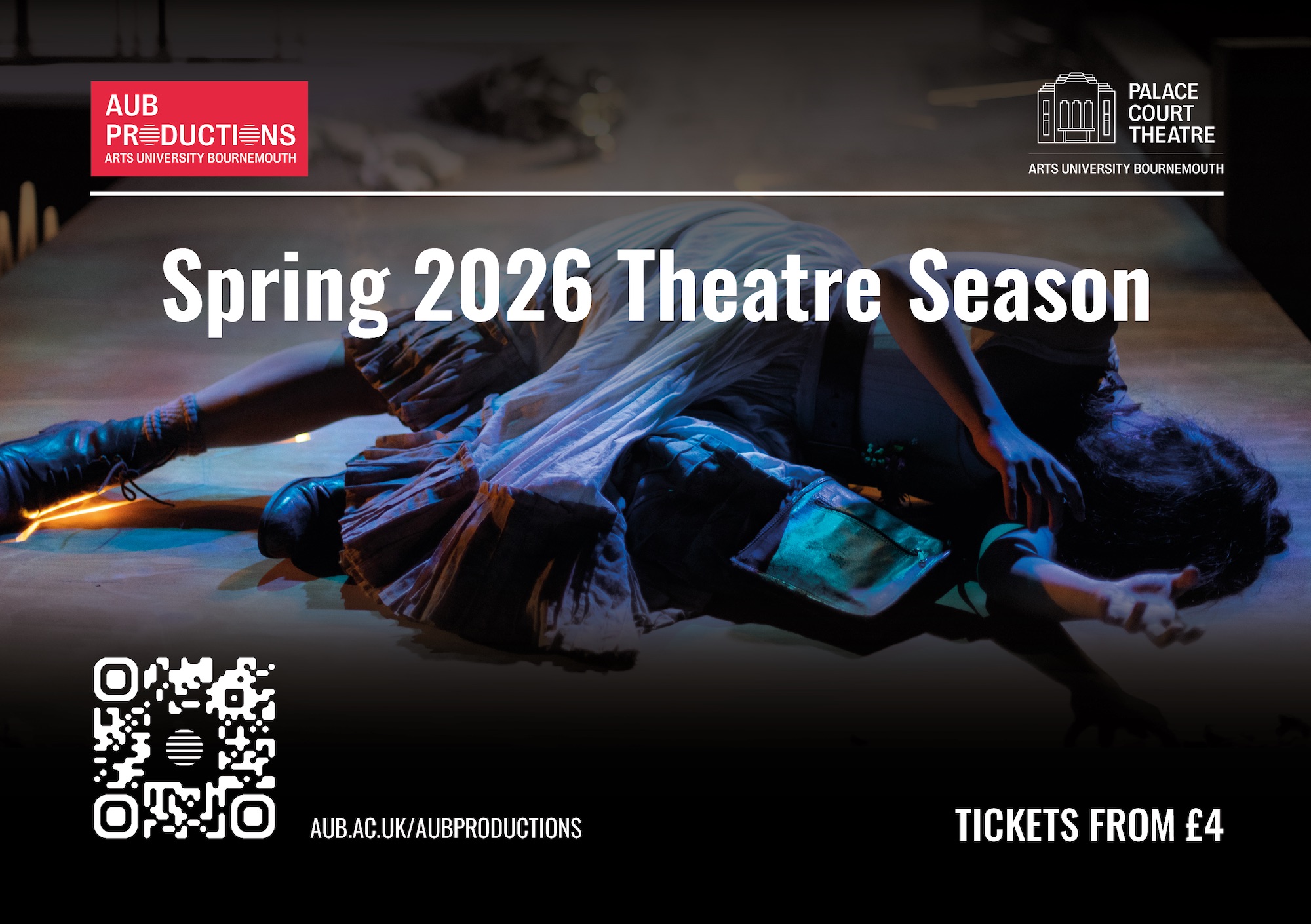 A promotional poster for the Spring 2026 Theatre Season at the Palace Court Theatre, featuring two performers on stage. The poster includes the QR code for ticket information and text detailing ticket prices starting from £4.