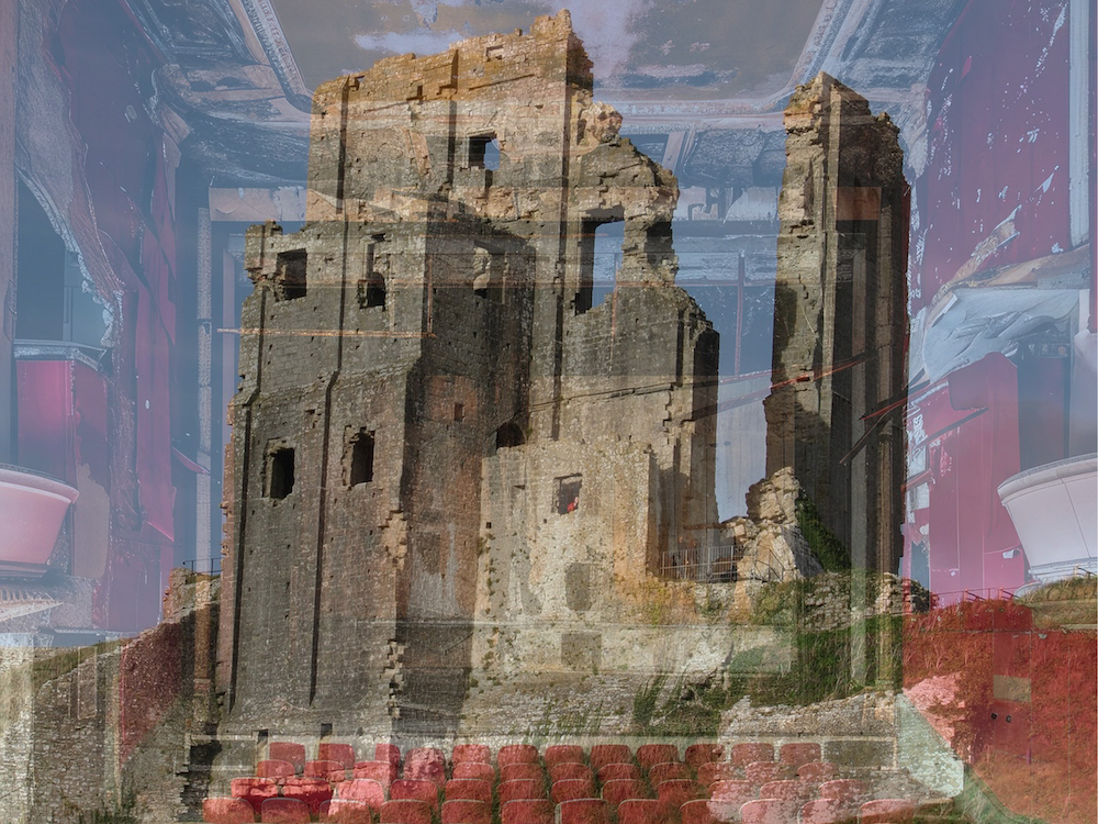 Two images superimposed over one another, one of the ruins of a castle, the other of the inside of a small theatre space.