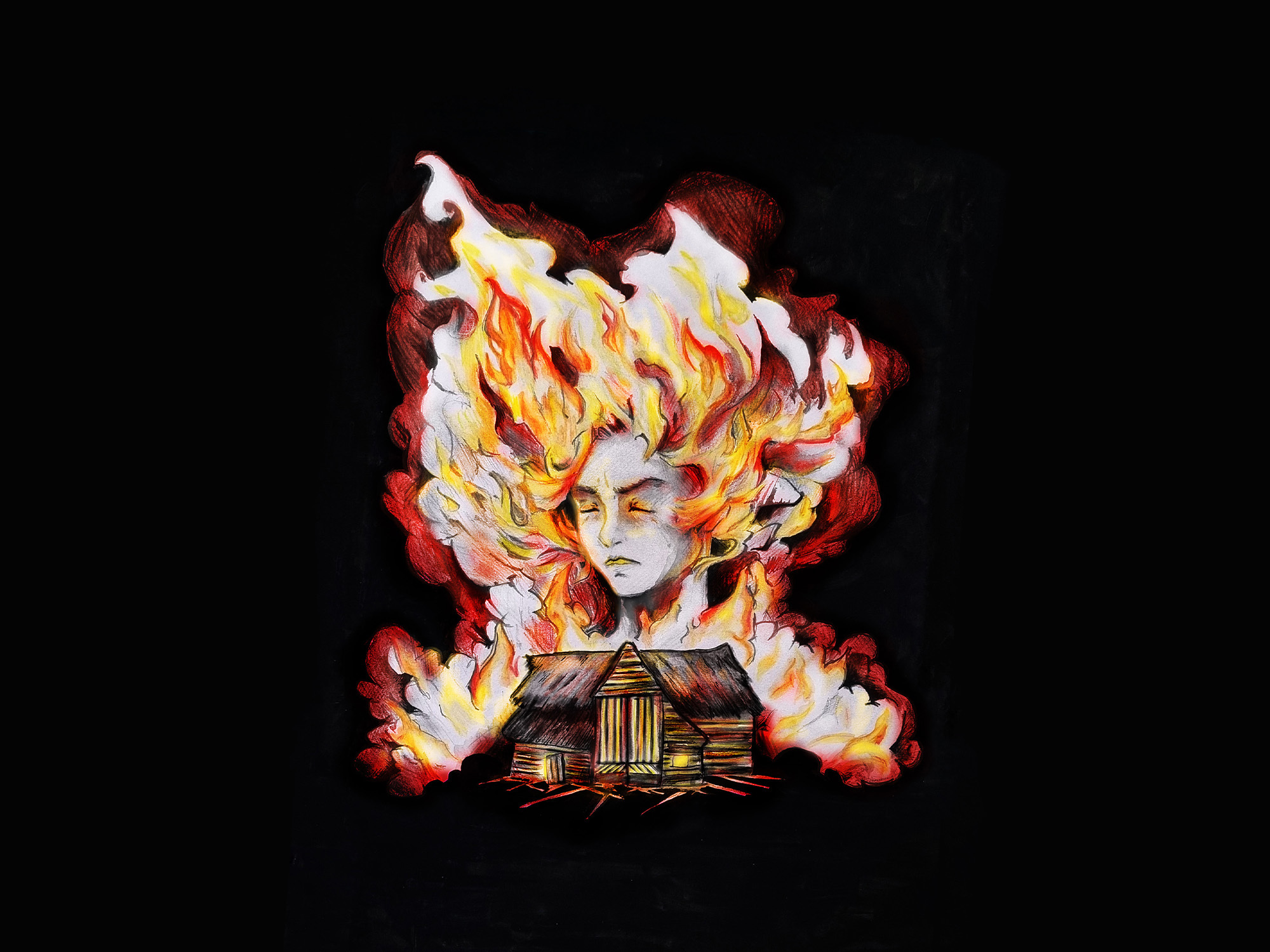 Illustration of a woman surrounded by flames, looming above a small house with its lights on.