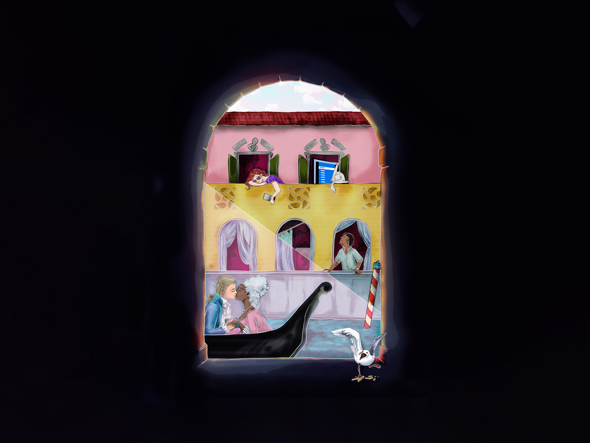 An arched window looking out onto a Venice canal, with two people kissing in a gondola. People are at windows and balconies in the background.