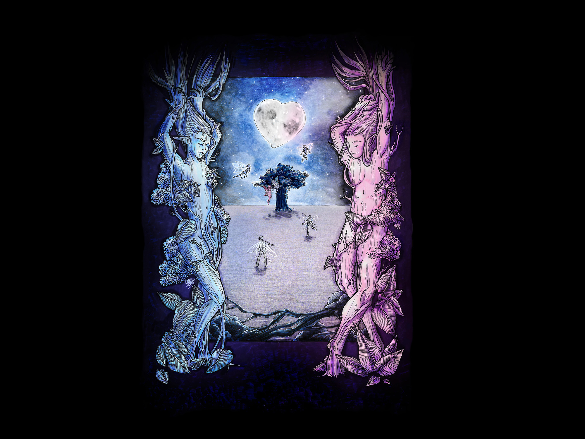 Two wood fairies standing either side of a tree in the distance. Other fairies fly around the tree. A heart-shaped moon floats above it in the starry night sky.