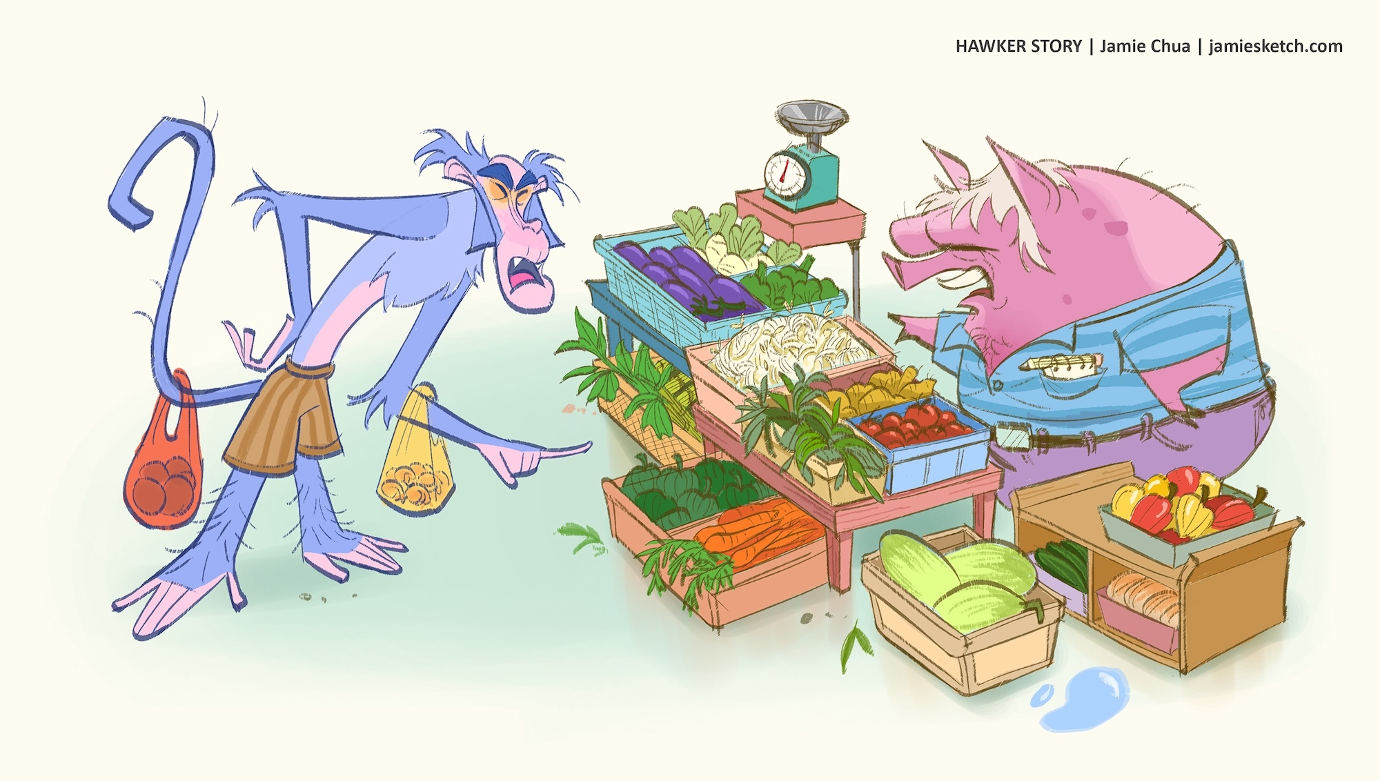 Illustration of a blue-purple monkey arguing with a pig wearing a blue shirt and purple trousers at a grocer market. There are crates of different vegetables around the pig.