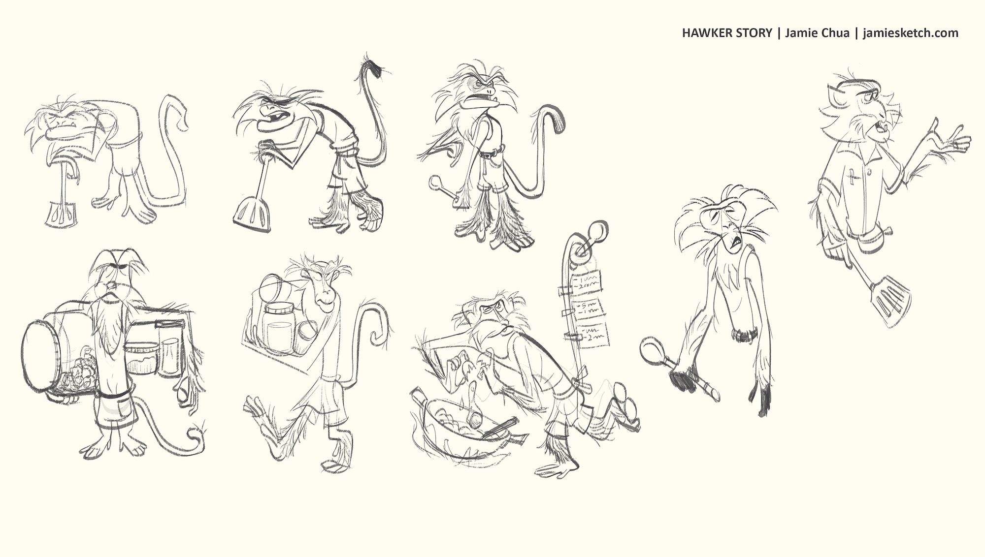 Eight pencil sketches of monkey characters in various poses.