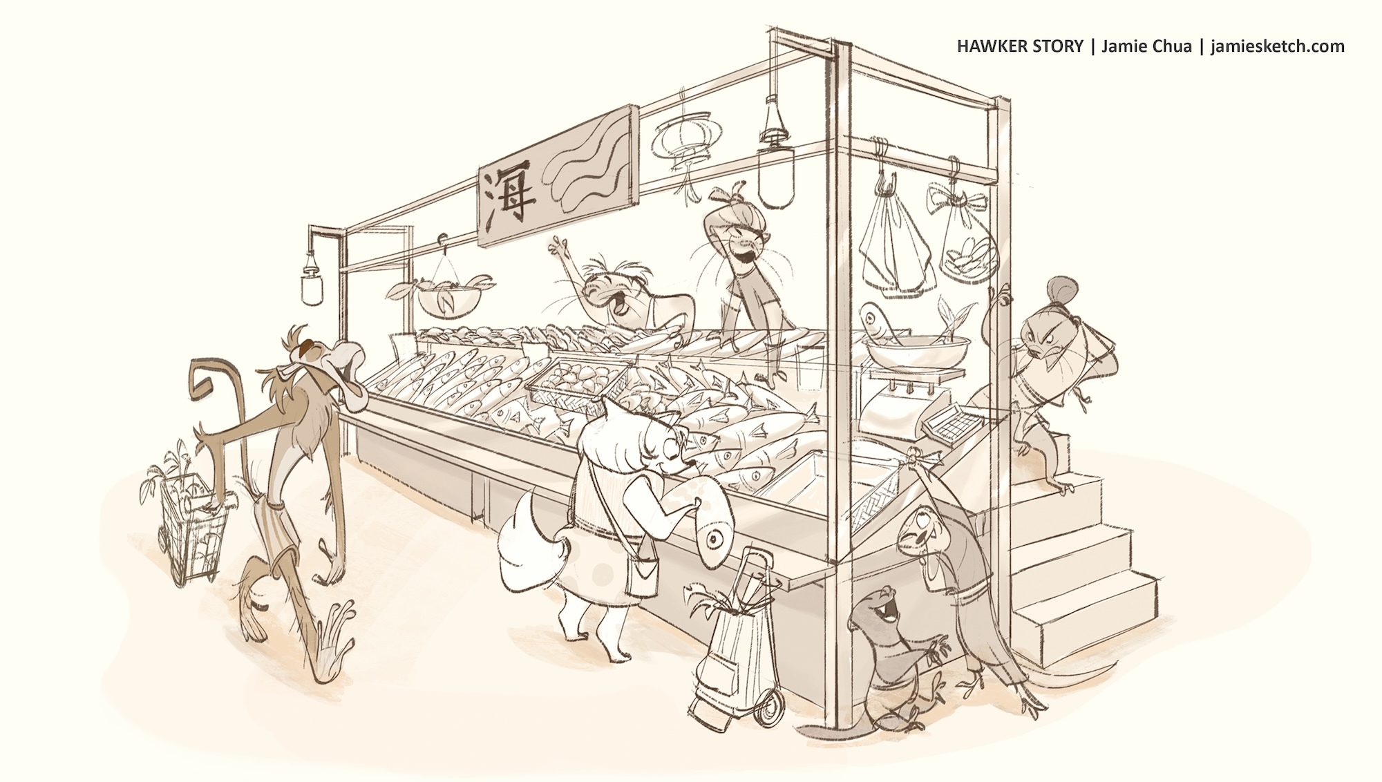 Black and white illustration of different animal characters interacting at a large fish market stall with Chinese motifs.