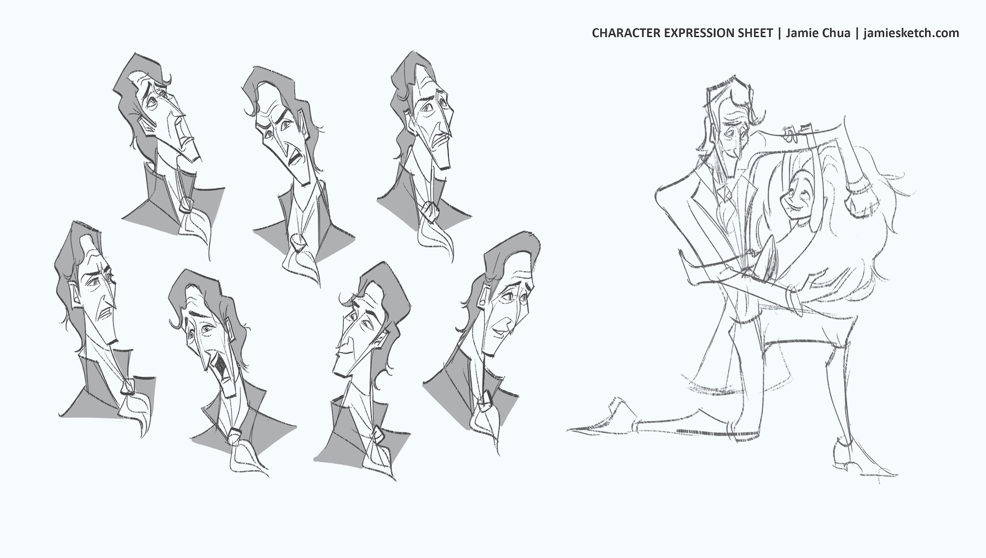 Character expression sheet for animation. Seven sketches of a male character's face with various poses and expressions. On the right, a pencil sketch of the same male character, kneeling down with a child character hanging off his arms.