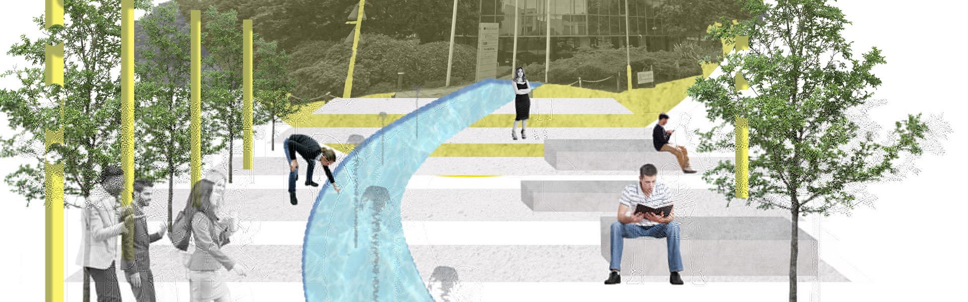 Mock-up of the front steps leading up to a building. Some people are sitting on the steps, others are walking past them.