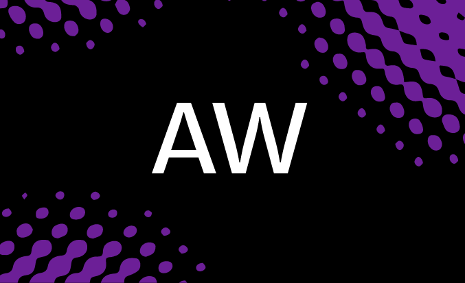 Black and purple banner with the white text "AW" in the centre.