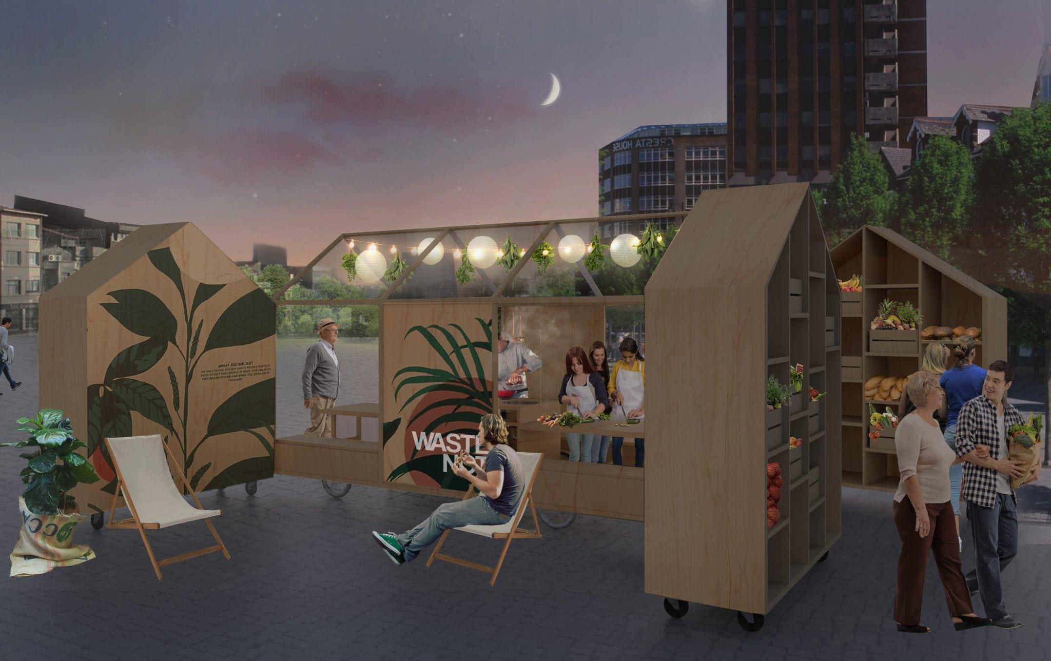 People sitting and walking around an outdoor market in the evening.