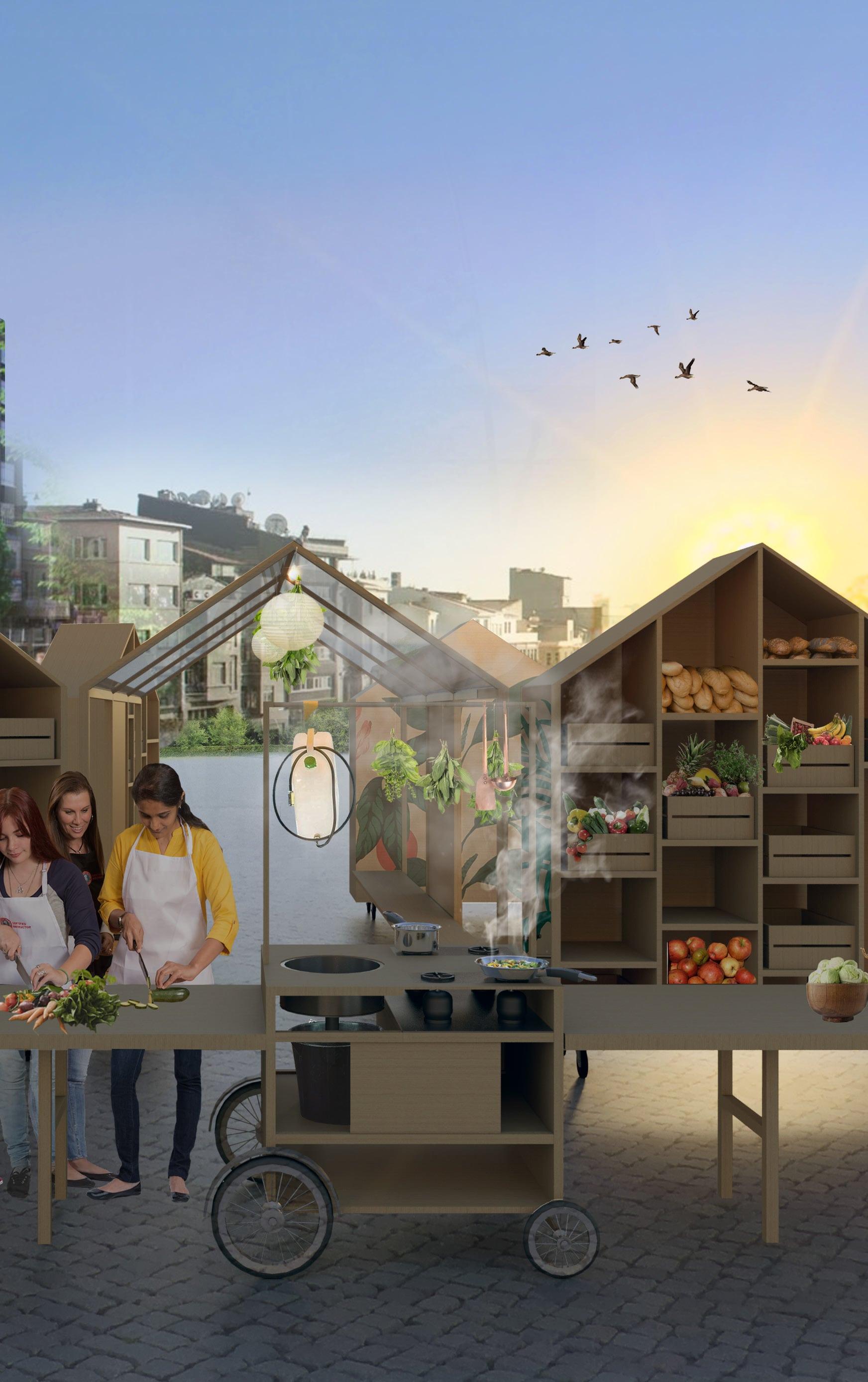 Concept art of an outdoor kitchen, with three people working at a table on the left-hand side. Boxes of fruit and vegetables appear on the right.