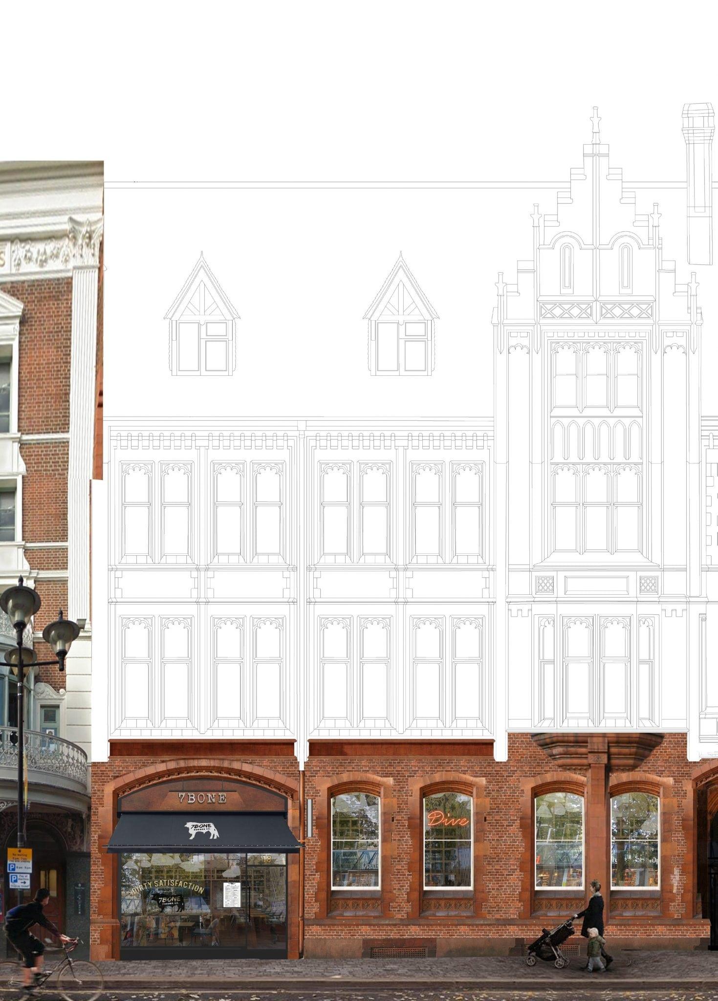 Sketch of a building overlayed with the current building as a photograph