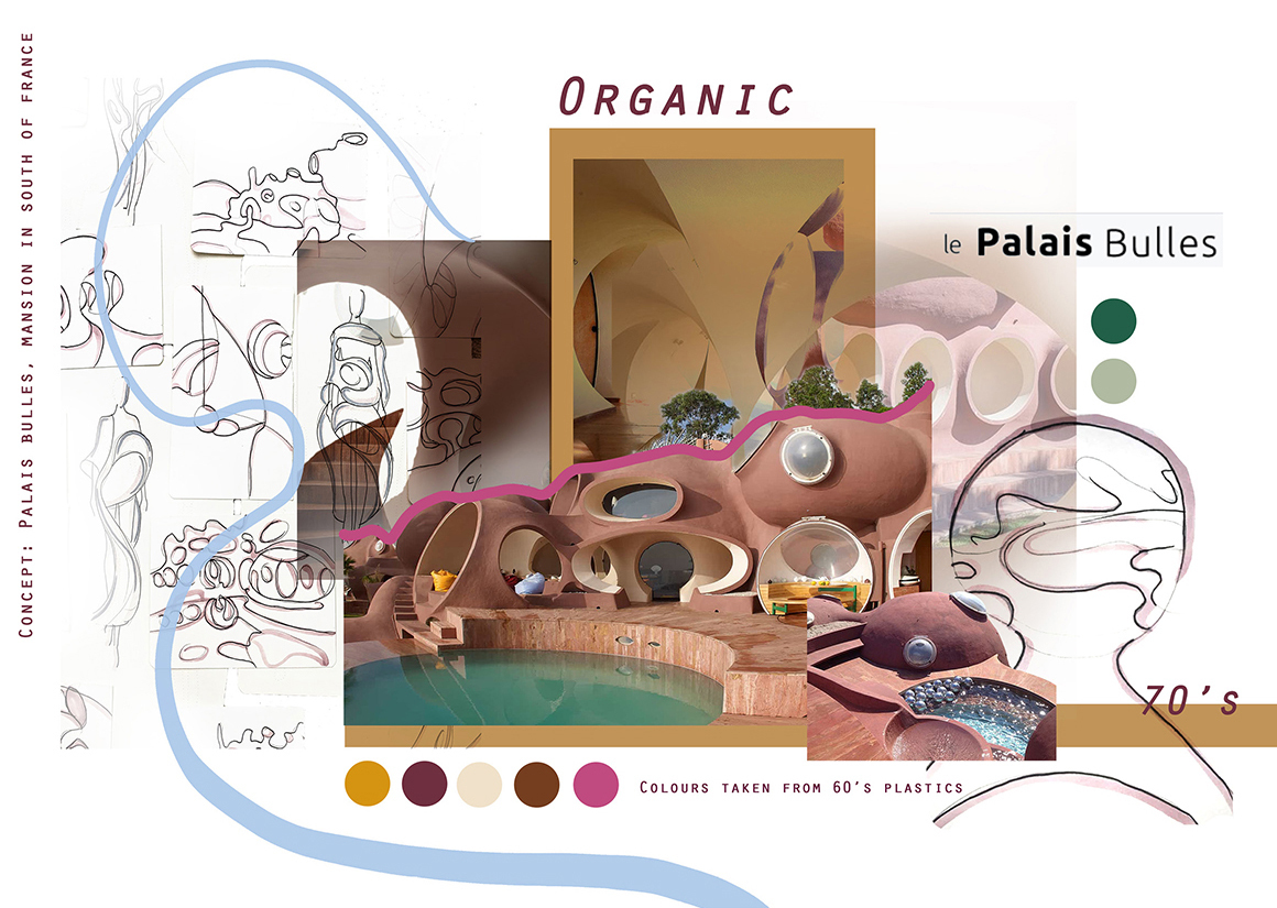 Collage of images forming a mood board for a fashion collection concept with images and sketches of rounded structures, plus several lines of text and colour samples