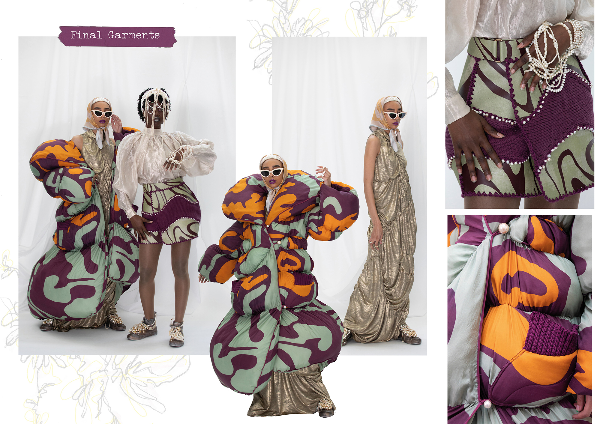 Collage of images showing models in fashion costume posing for photos. Two images are close-ups of the clothes. The words 'Final Garments' appear at the top left.