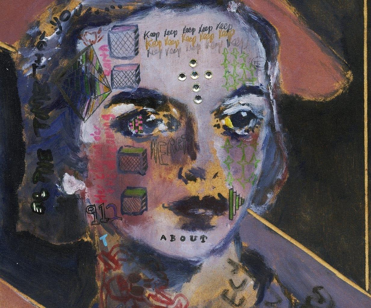 An oil painting of a close-up of a person's face with various shapes and words on their face and in their hair