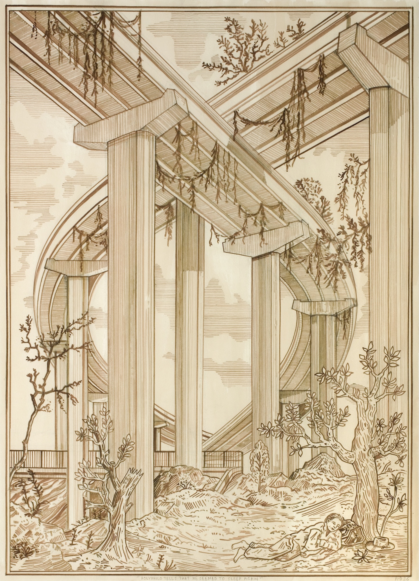 A sepia-toned architectural illustration of tall pillars and intersecting beams covered with hanging vines, with sparse trees and rocky ground in the foreground.