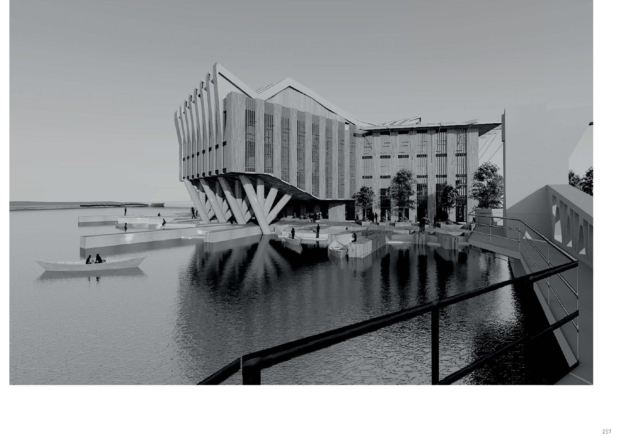 Black and white 3D render of a modern building on the water.