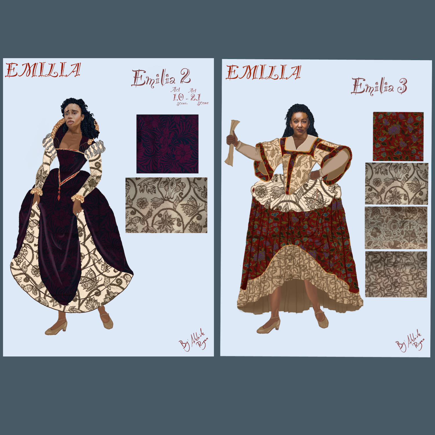 Two costume design sketches for "Emilia" showing a woman in period dress. Left: dark purple gown with cream trim. Right: burgundy dress with gold patterns. Fabric swatches included.