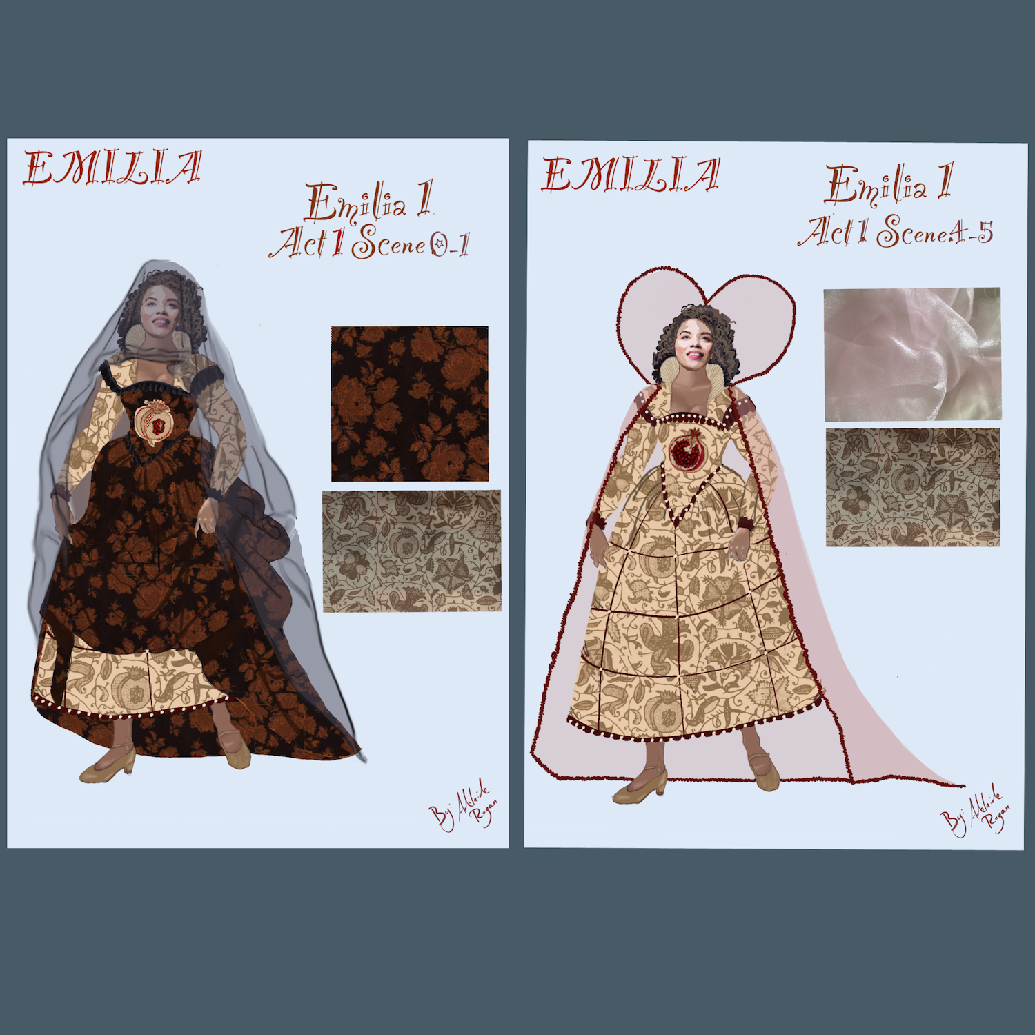 Two costume design sketches for Emilia showing elaborate period gowns in gold and brown fabrics with fabric swatches and colour samples.