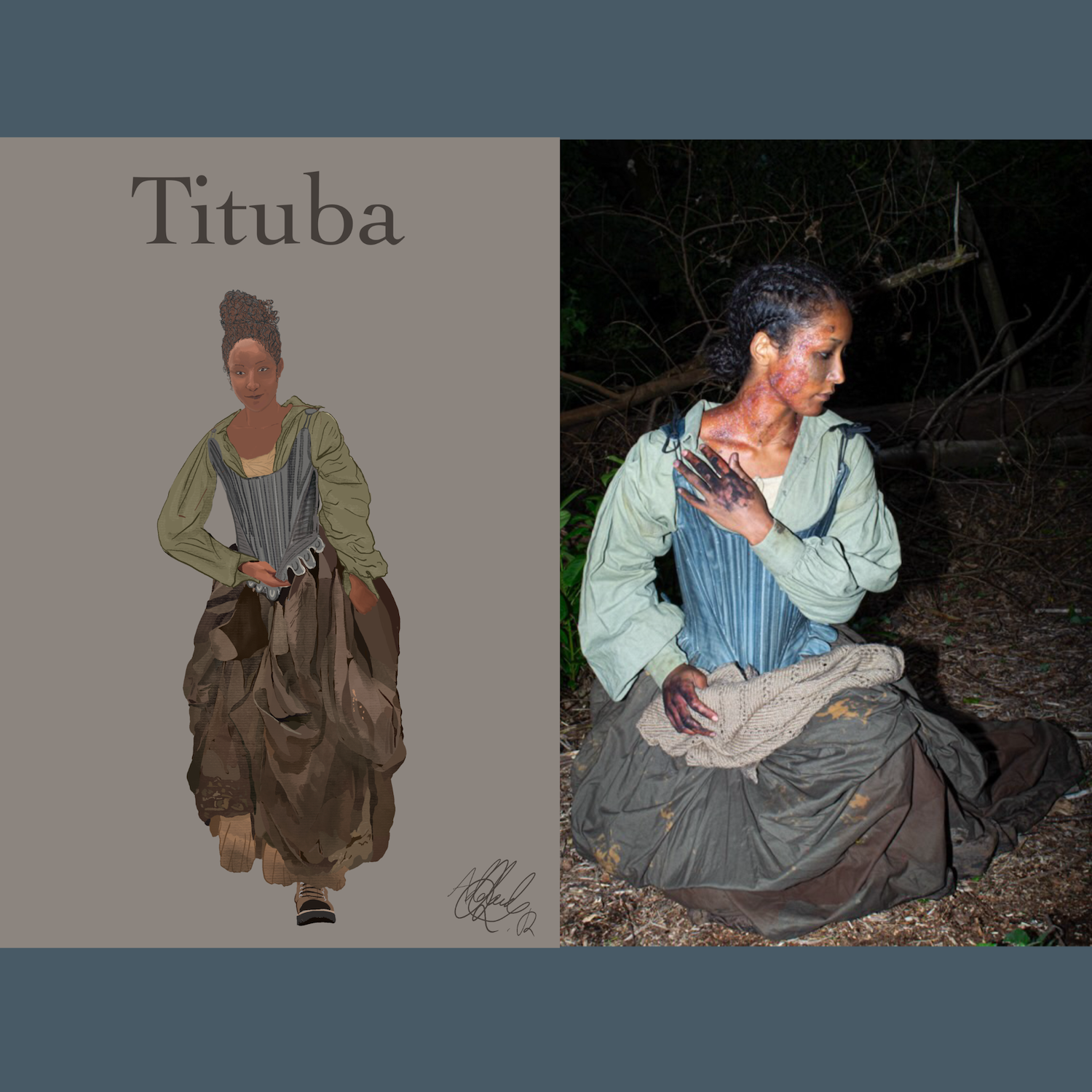 Woman in 18th-century costume with blue bodice, white blouse, and brown skirt. Left shows standing pose, right shows seated pose outdoors.