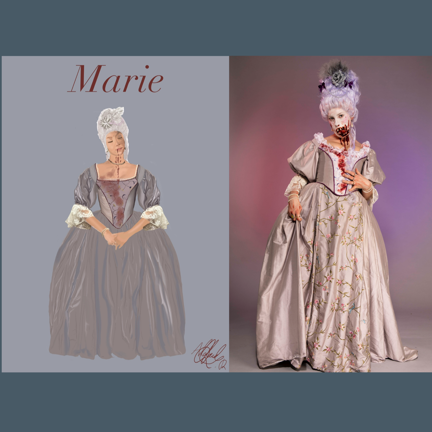 Two images of Marie Antoinette costume designs: left shows grey dress with white lace on grey background, right shows ornate pink gown with powdered wig on purple gradient background.