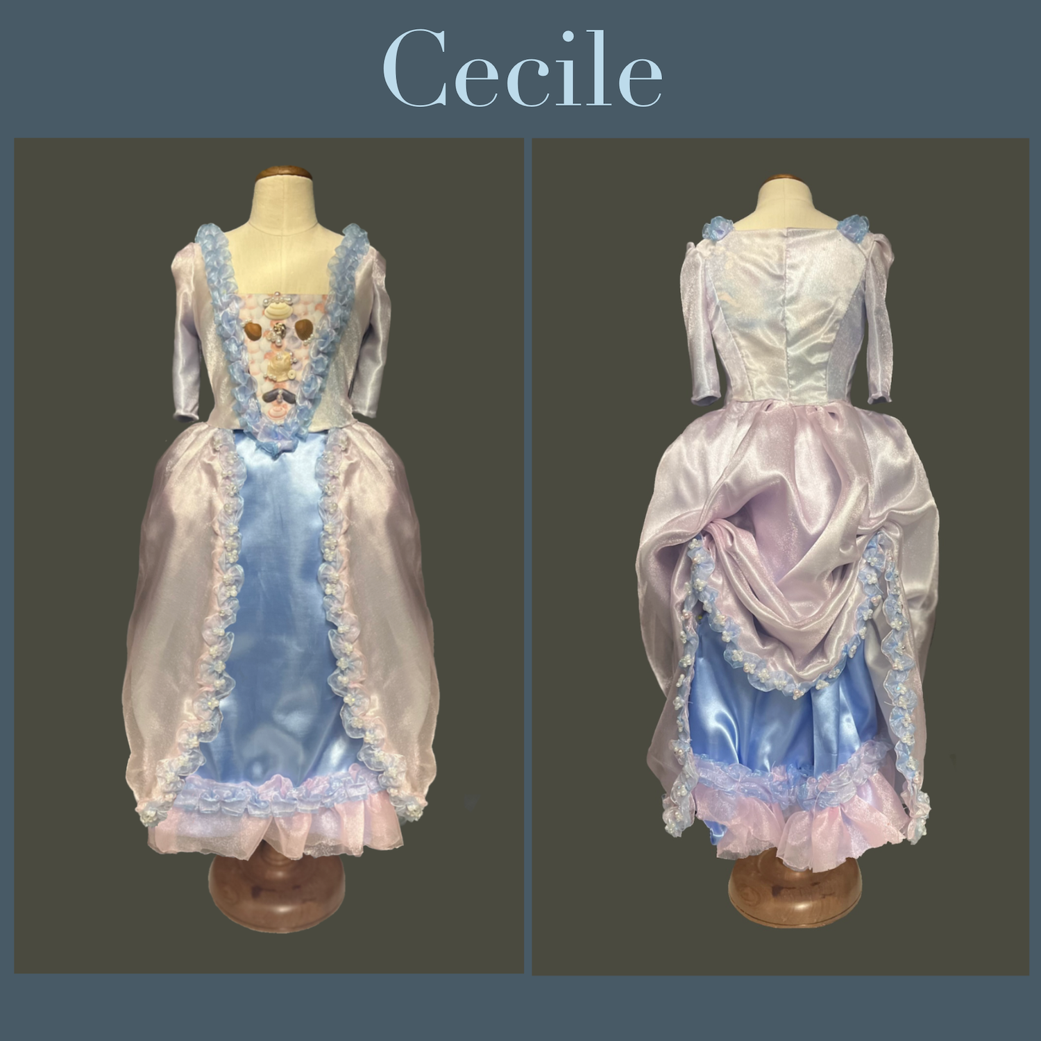 Victorian-style dress with blue bodice, white lace trim, and bustle shown from front and back views on mannequin torsos.
