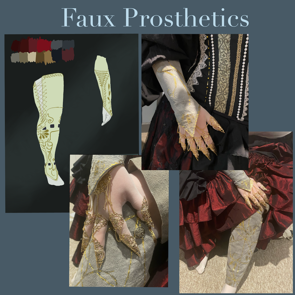 Collage showing decorative prosthetic limbs with ornate patterns, worn by figures in period clothing against grey background.