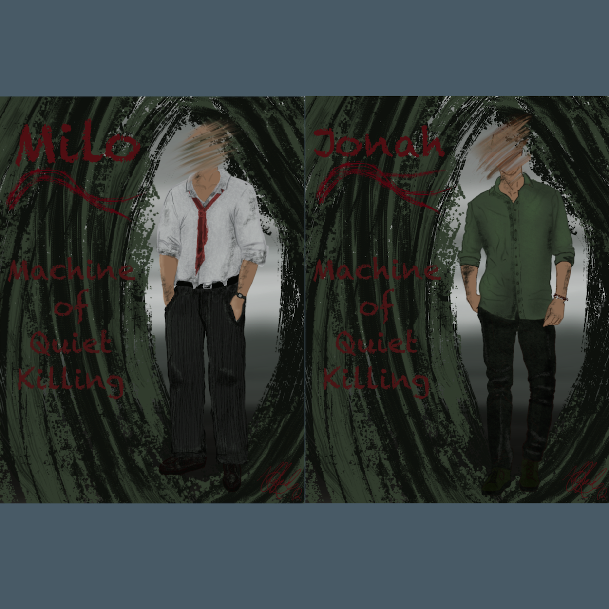Two painted figures in swirling green and black brushstrokes. Left figure wears white shirt with red tie, right wears green shirt. Red text overlays both sides.
