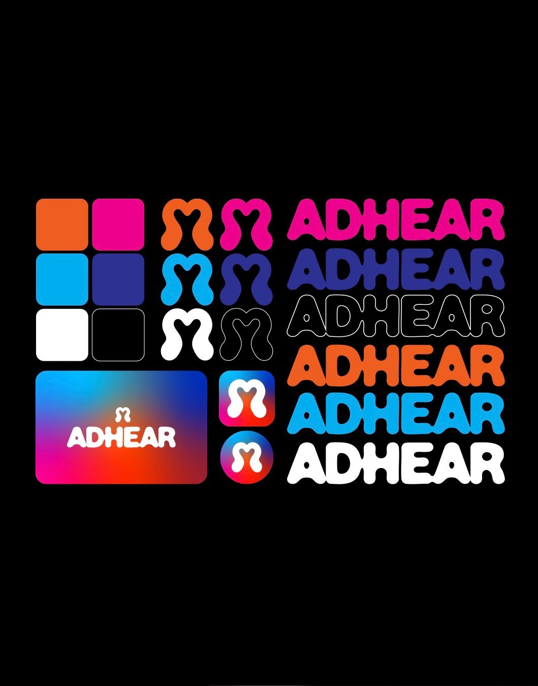 A black background with a set of colourful ADHEAR logo variations, including icons, wordmarks and a gradient app-style tile.