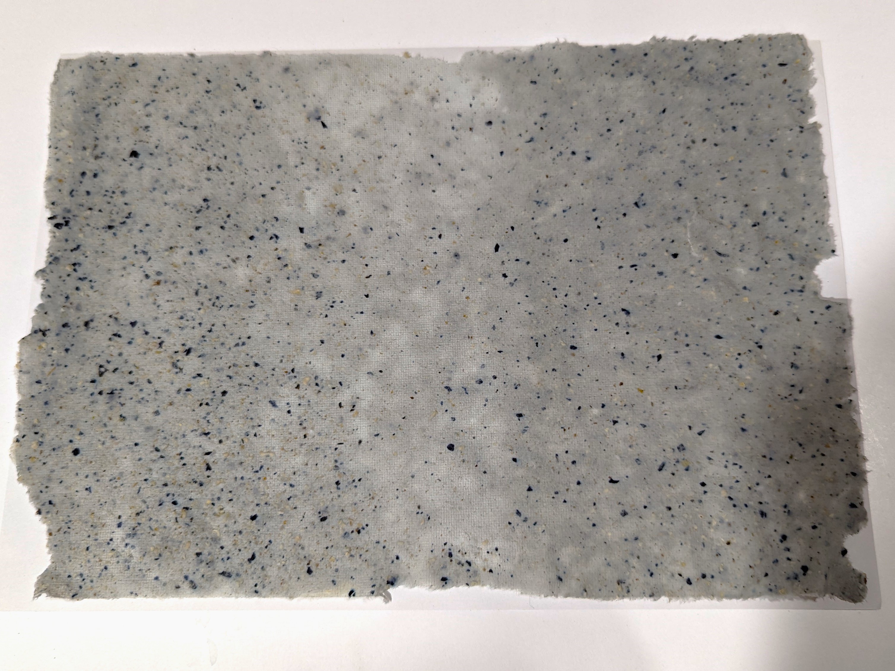 A sheet of handmade paper laid out flat and dried out.