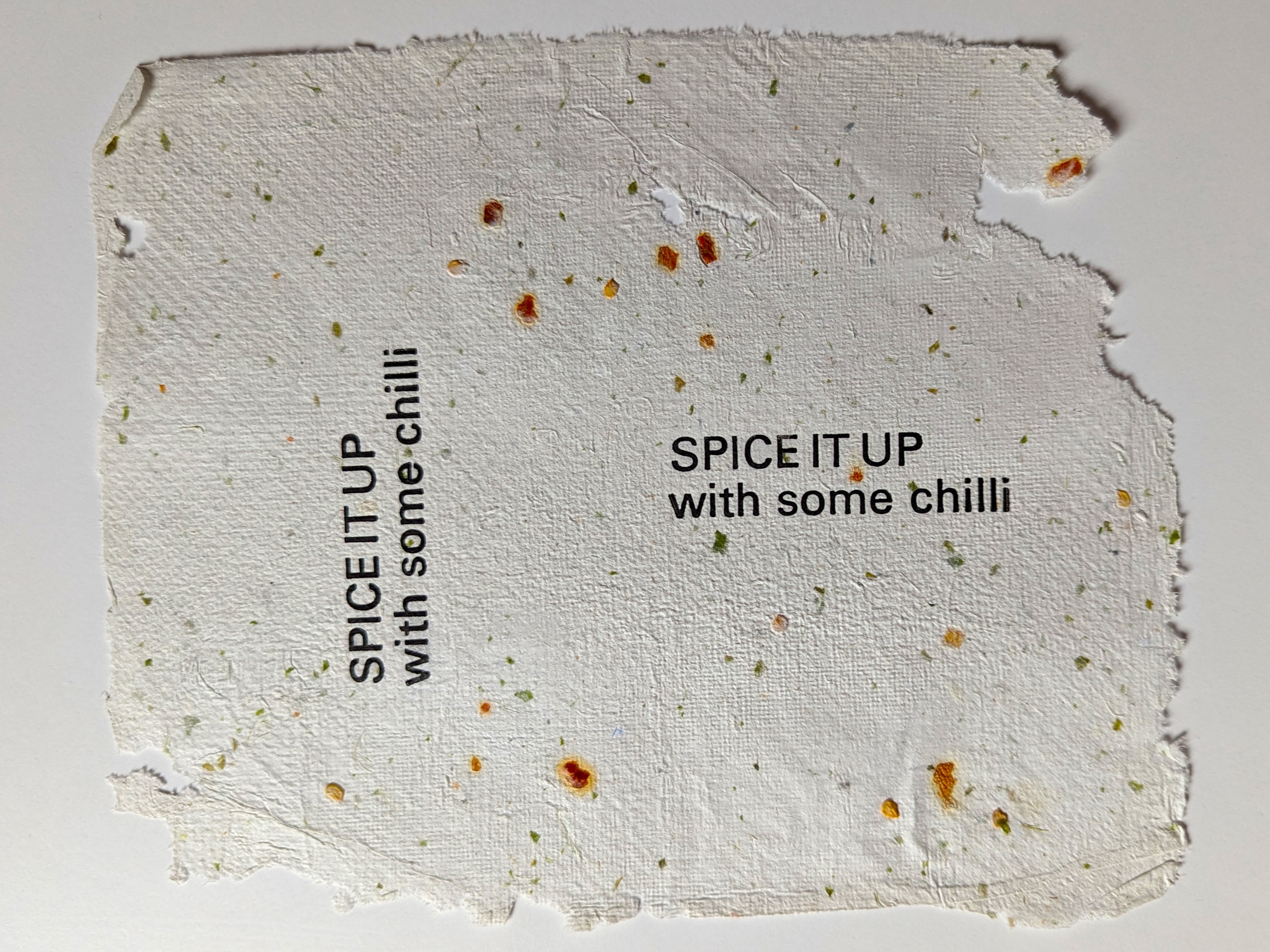 A sheet of handmade paper with the phrase "SPICE IT UP with some chilli" printed on it twice.