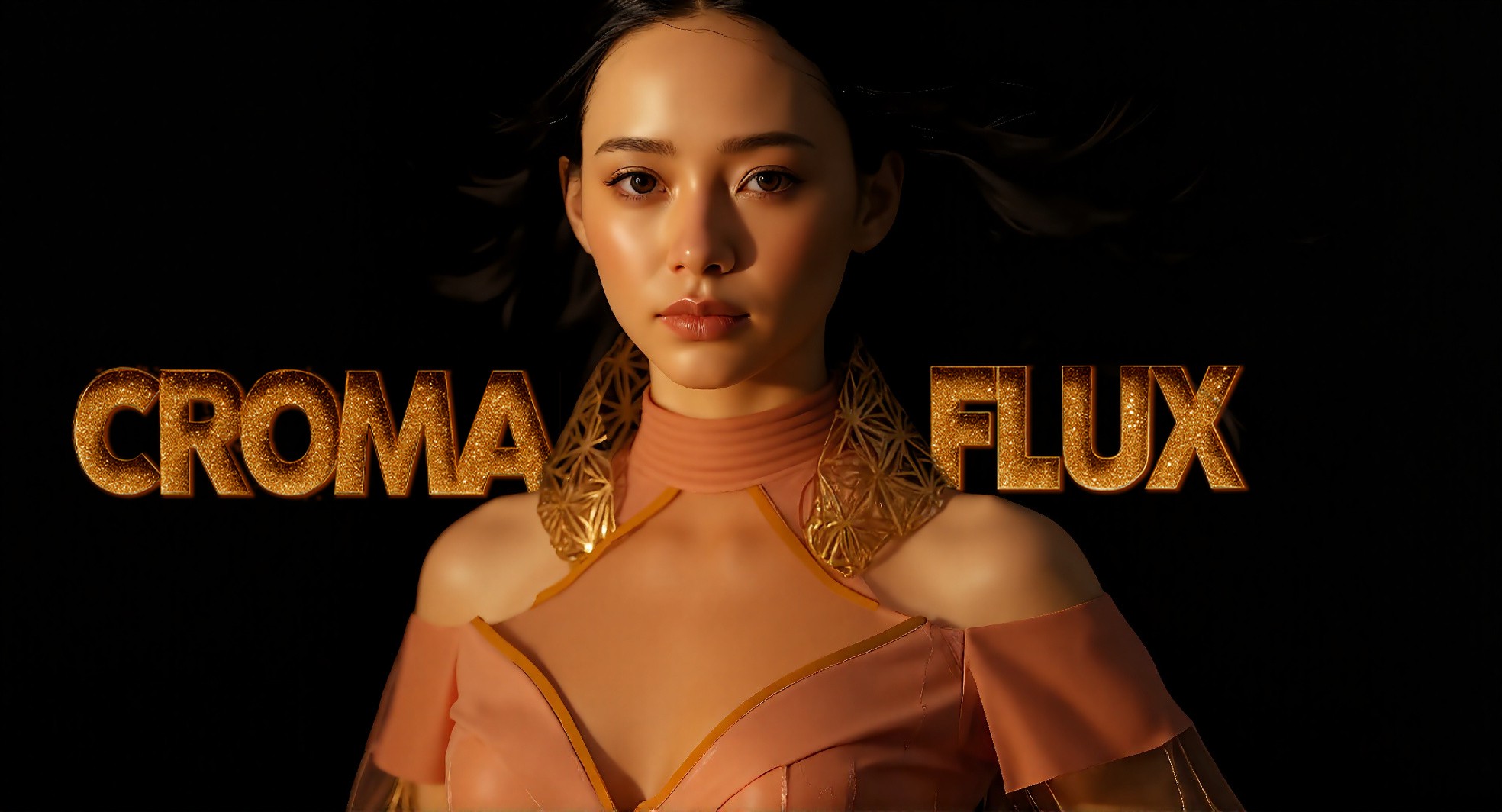 Woman with dark hair in gold and brown garment against black background. Golden text "CROMA" and "FLUX" flanking her figure.