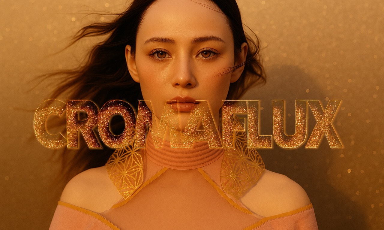 Woman with dark hair in warm golden lighting with "CROP FLUX" text overlay in transparent golden letters.