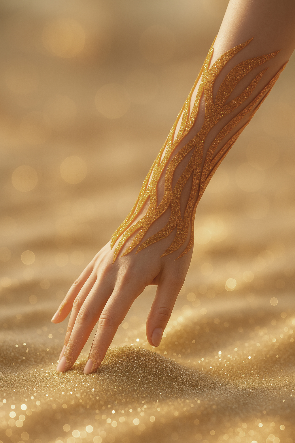 Hand and forearm with golden glittery body paint in flowing patterns against warm golden background with light bokeh effects.