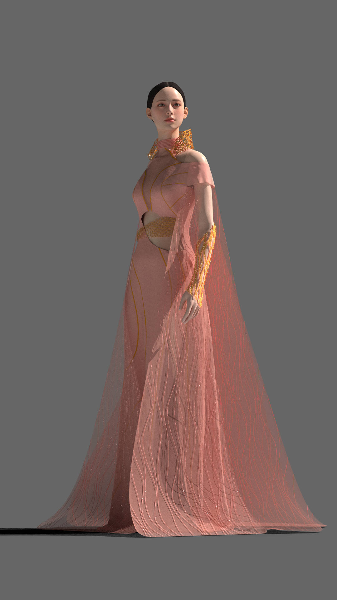 Digital figure in flowing pink and coral robes with golden accents against grey background. Warm peachy tones dominate composition.