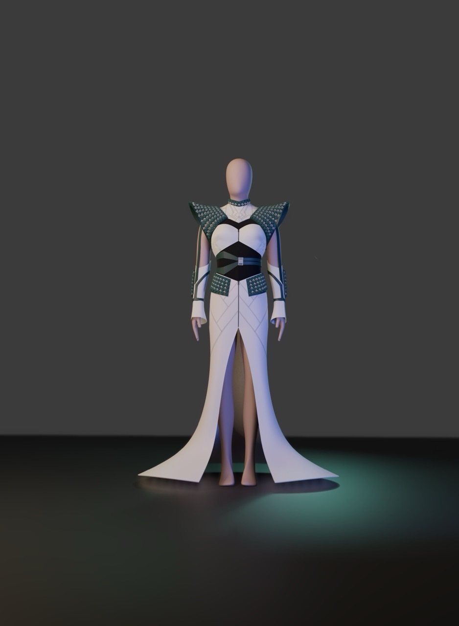 Figure in white flowing gown with green geometric shoulder pieces and black waist belt, standing on dark grey surface with green lighting beneath.
