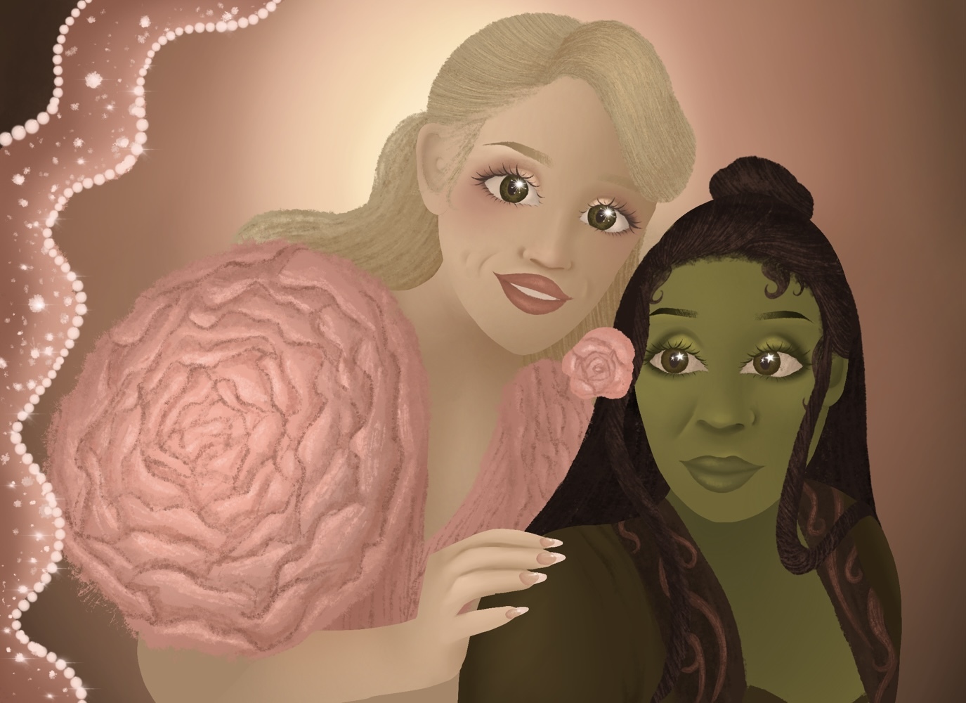 Illustration of blonde woman in pink top embracing green-skinned woman with dark hair against warm gradient background with sparkles.