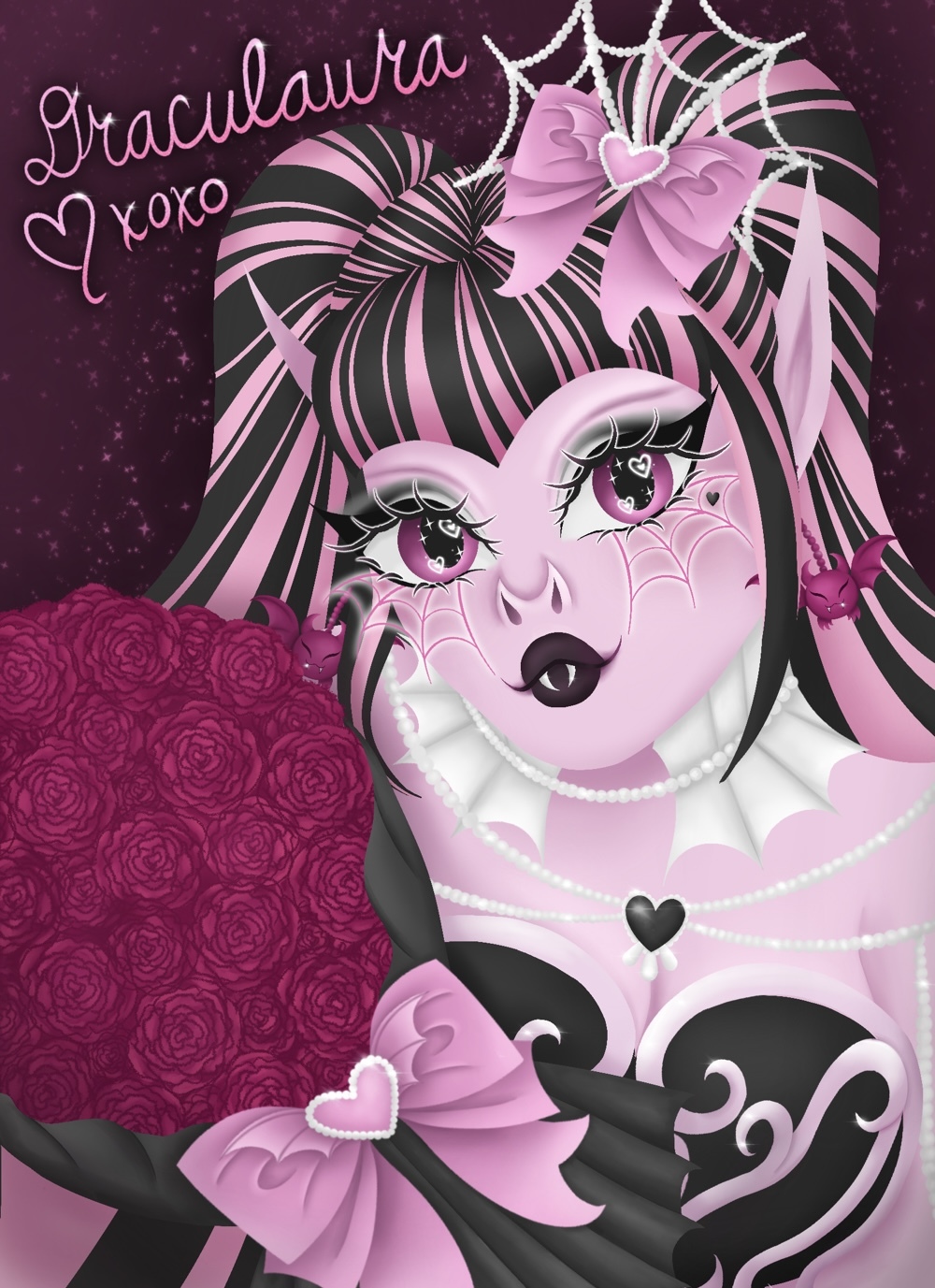 Pink-toned illustration of character with black and pink striped hair, pink bows, heart face paint, against purple background with roses.