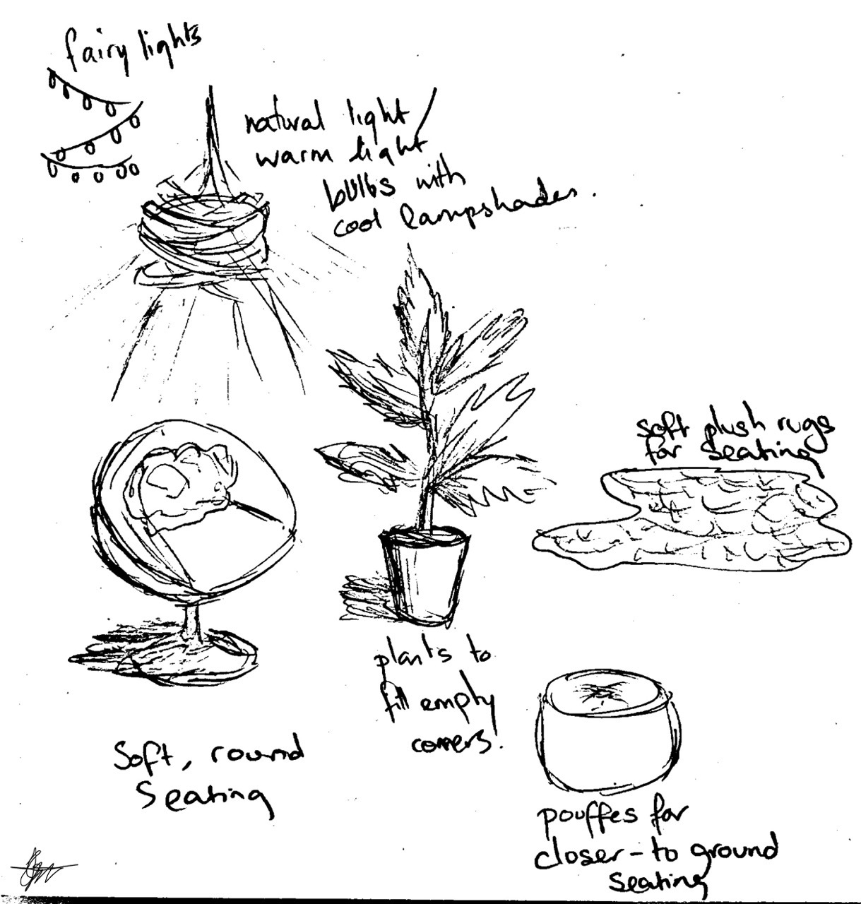 Collection of sketches including a plant, globe, fairy lights, pouffe and rug, white background.
