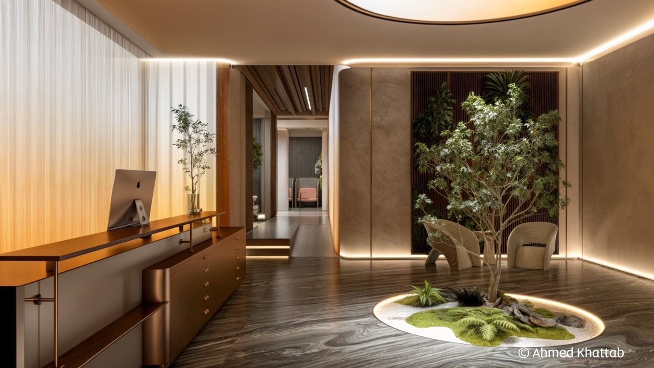 Render of an interior space with warm-lit curtains, LED floor and ceiling lighting, brass details and a plant in the central space, natural light.