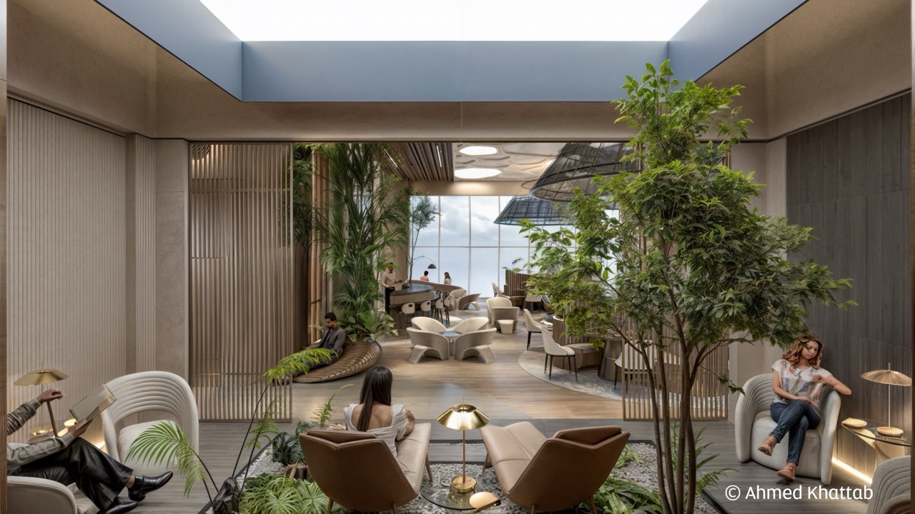Render of an interior space with warm, luxurious styling and large plants, people sat in seats and a skylight above.