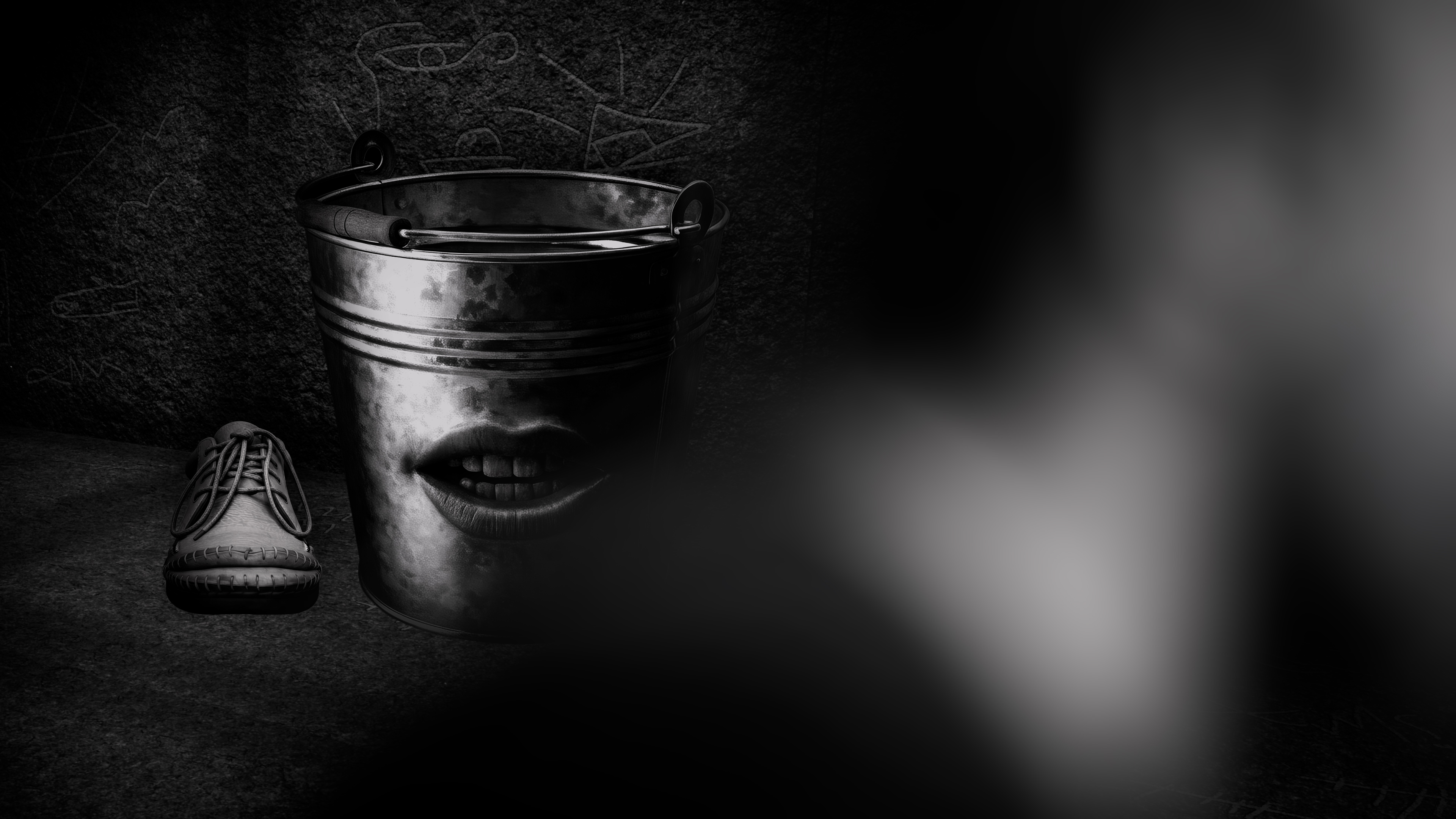 A black-and-white illustration of a metal bucket with a mouth and teeth, with a small shoe beside it against a dark background.