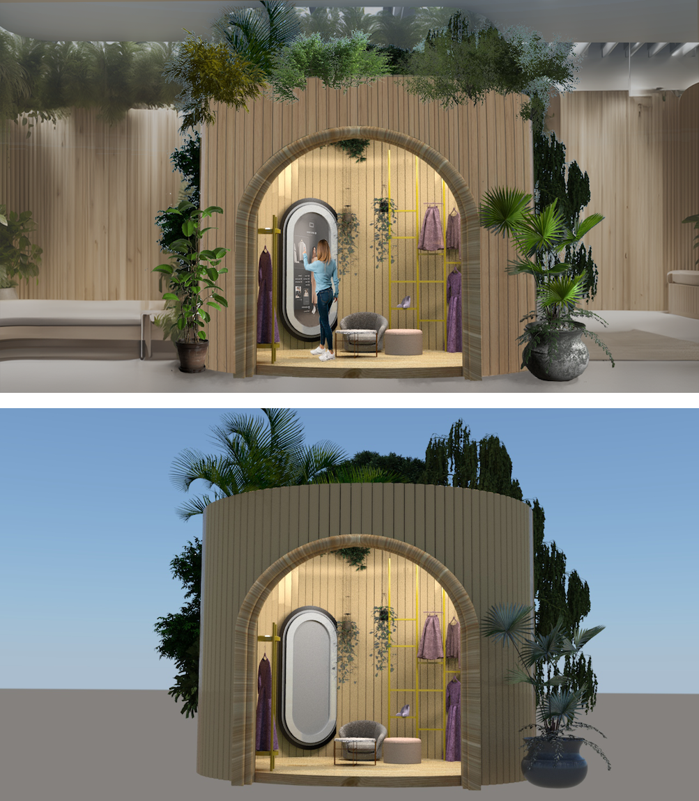 Two 3D digital sketches of a wooden dressing room surrounded by plants, one within a room with wood panelled walls, the other with a plain desert background. A person interacts with a mirror in the top image.