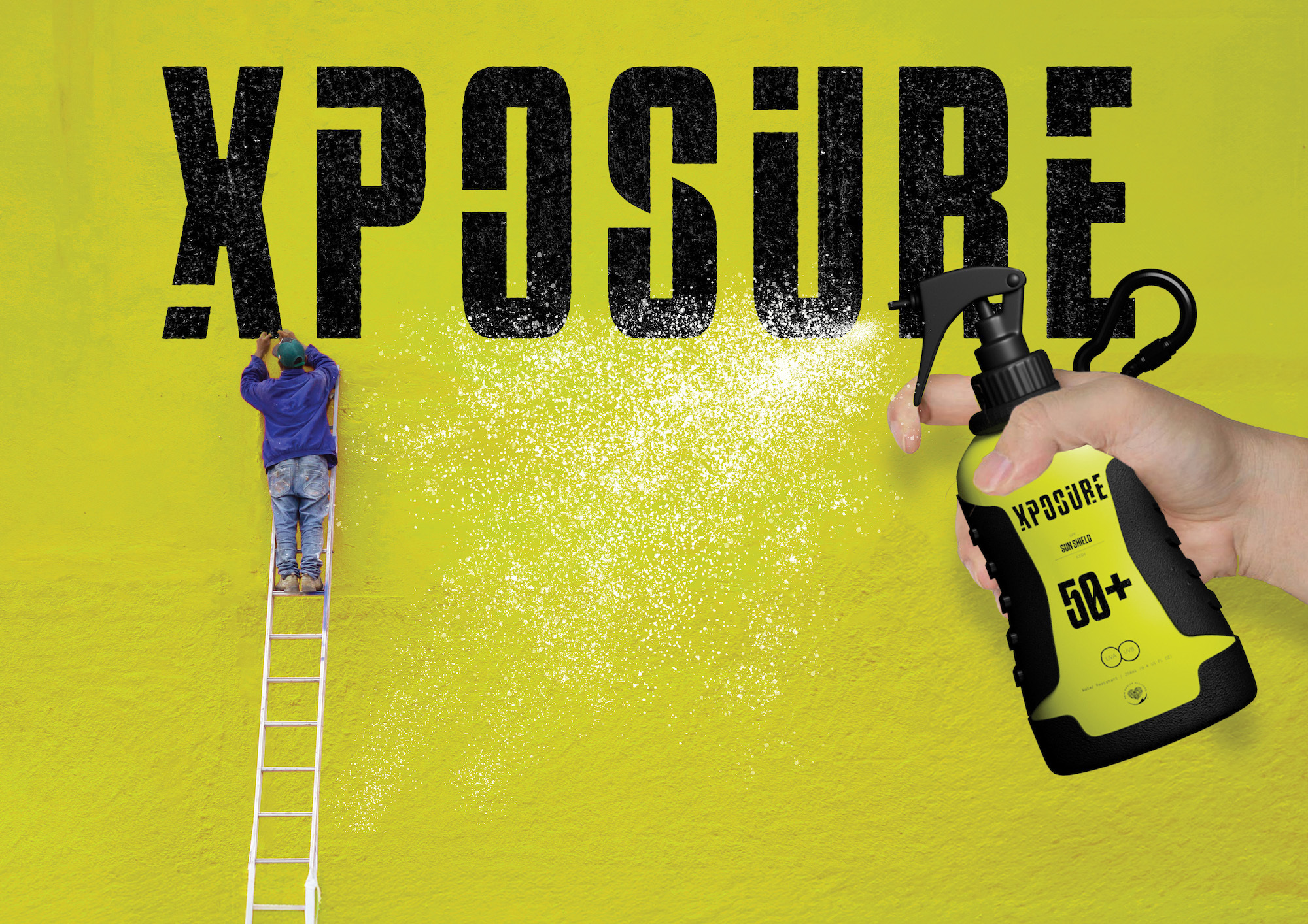 Yellow-green banner with black text reading "XPOSURE" across the top. A man on a ladder is working just under the "X". A hand appears at the right spraying from a bottle with "XPOSURE" branding.