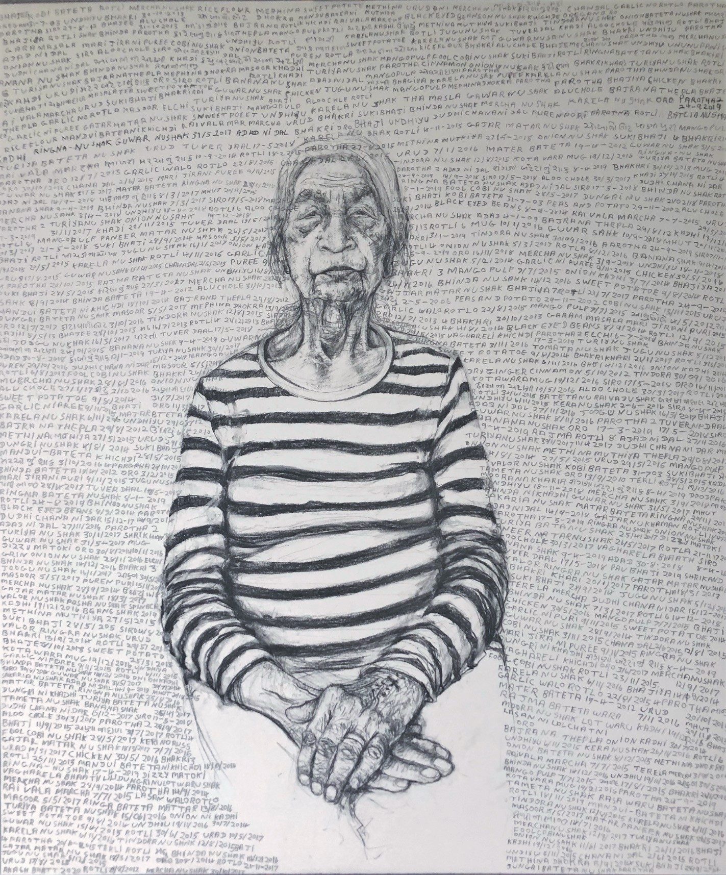 Line drawing of an older woman in a striped top, sitting with their hands in their lap. The background is made up of handwritten numbers and words.