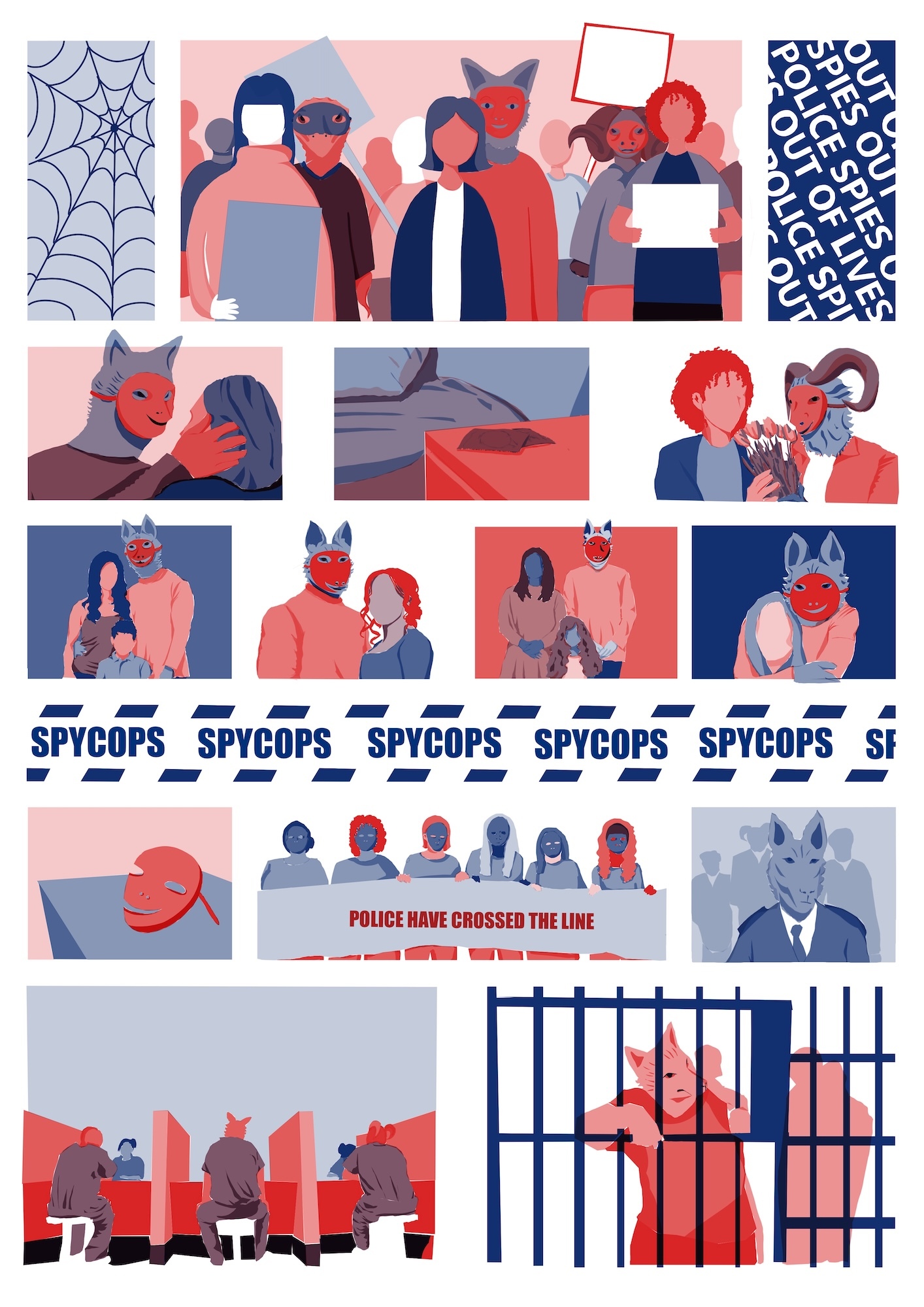 Comic-style illustration grid with blue, red, pink panels showing figures in masks, protest scenes, police tape, and prison bars.