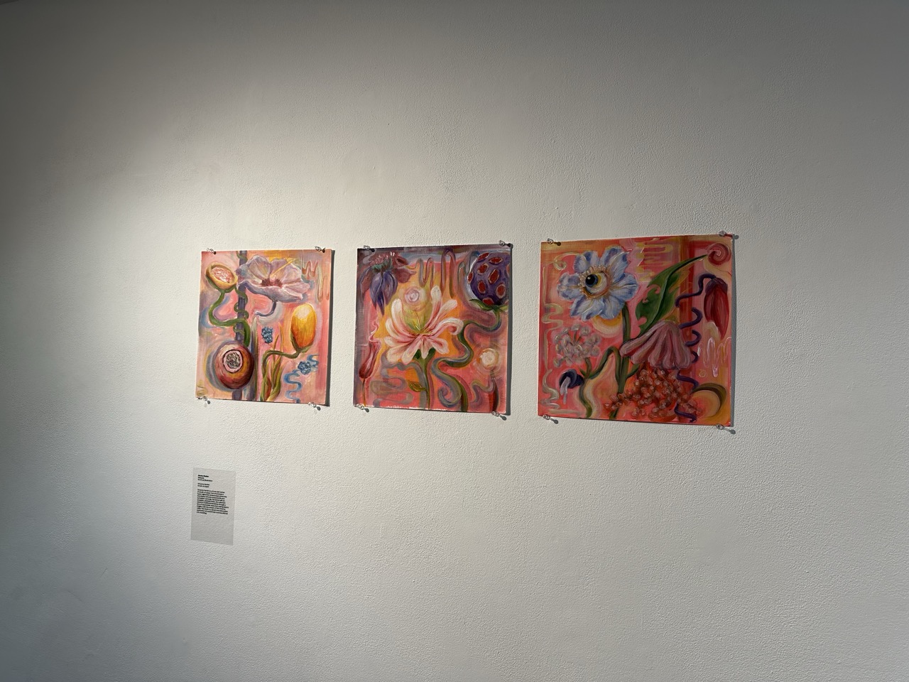 Three small abstract paintings in warm pink, orange and purple tones are displayed in a row on a white gallery wall, with a label beneath the left artwork.