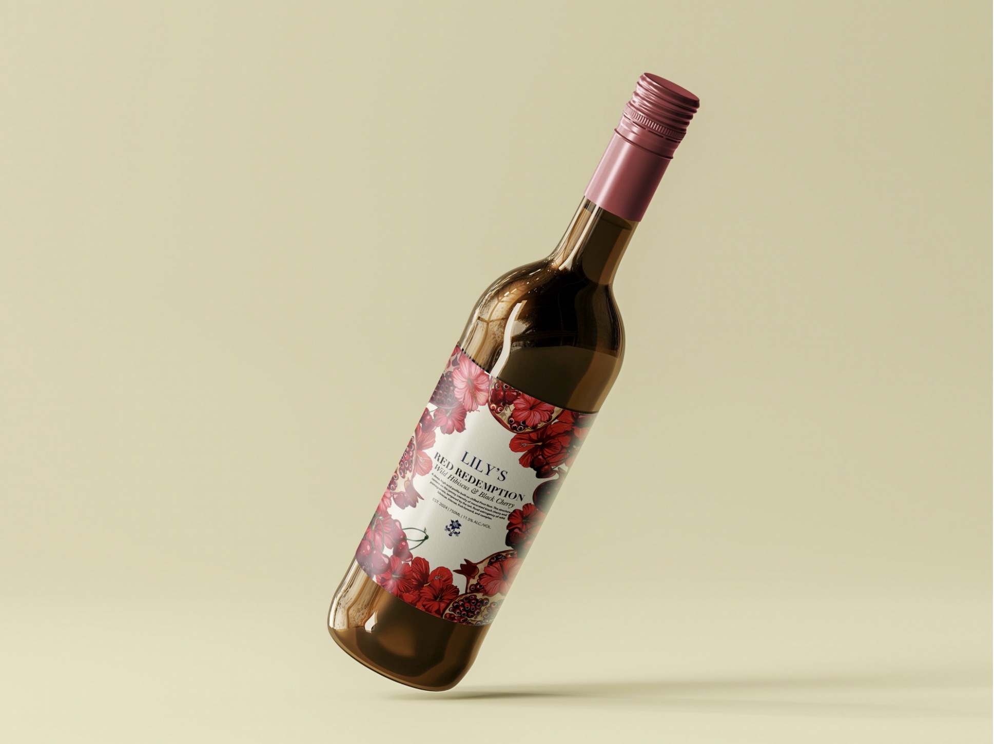 A bottle of Lily’s pink wine with a floral label and pink cap, shown tilted against a pale beige background.