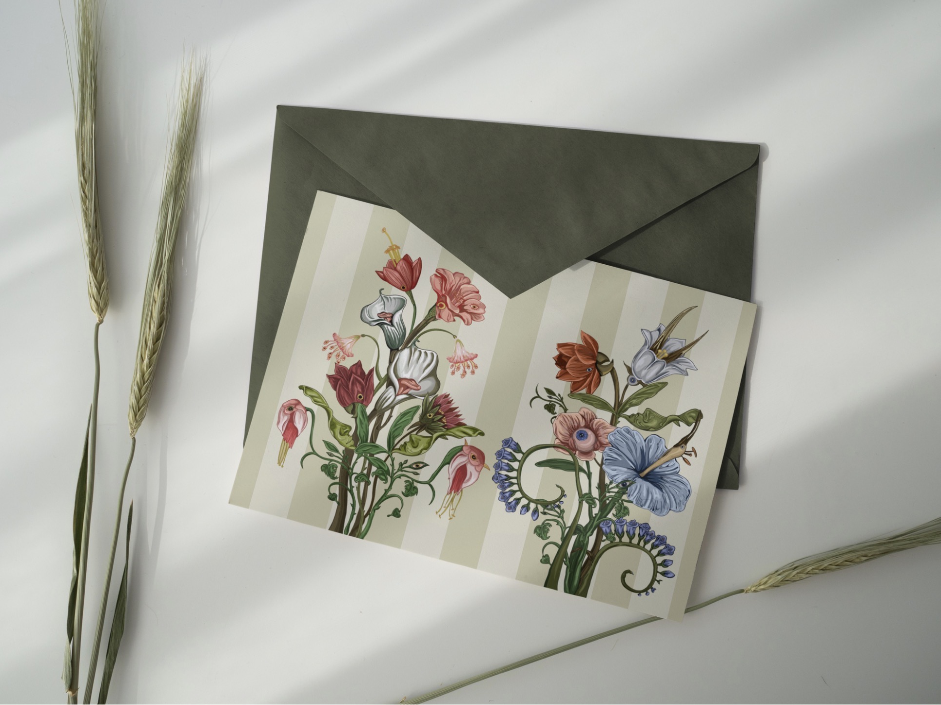 A folded greeting card with floral illustrations and an olive green envelope lies on a white surface, with dried grass stems beside it.