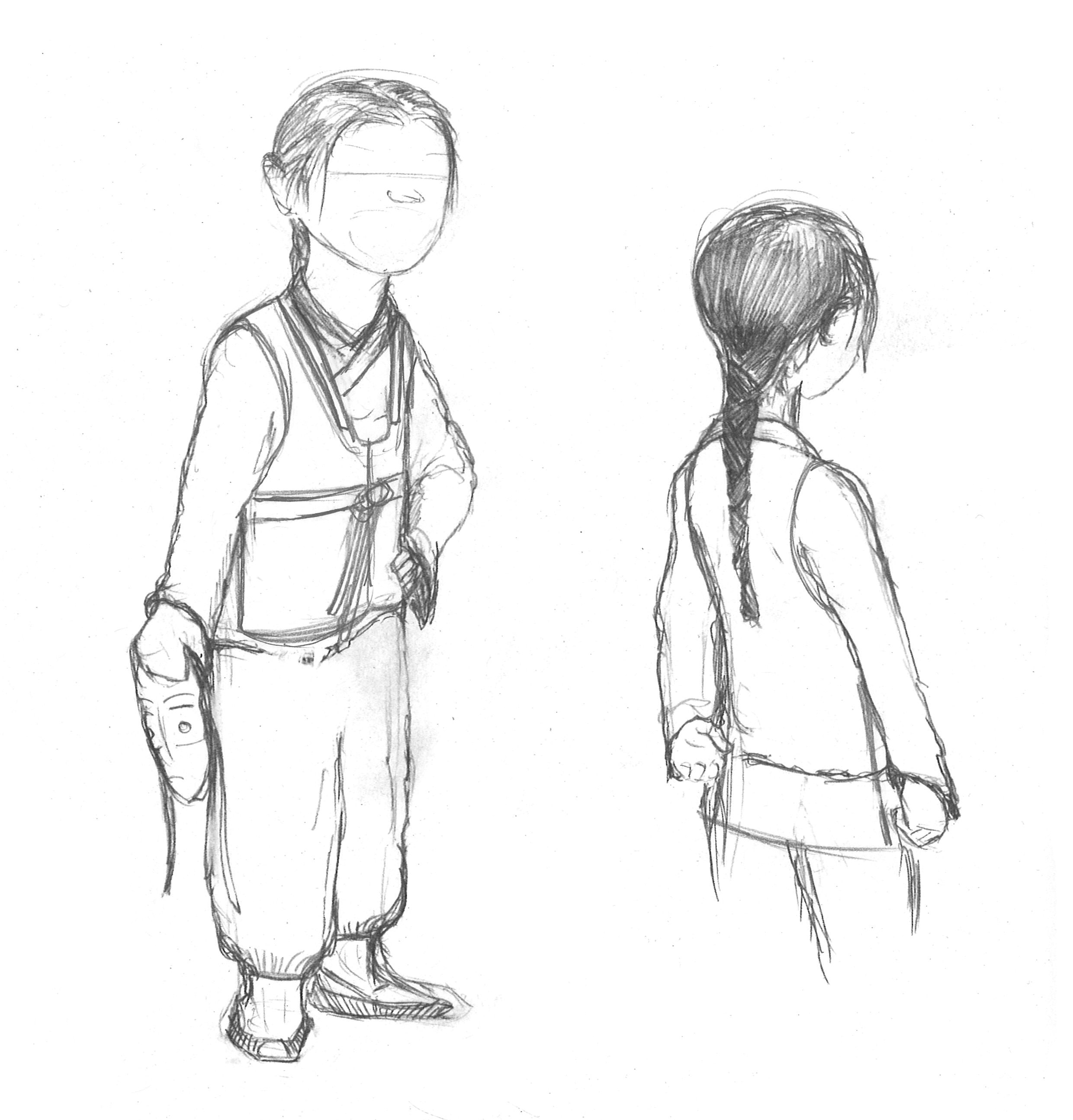 Two pencil sketches of a character and their costume, viewed from the front and back.